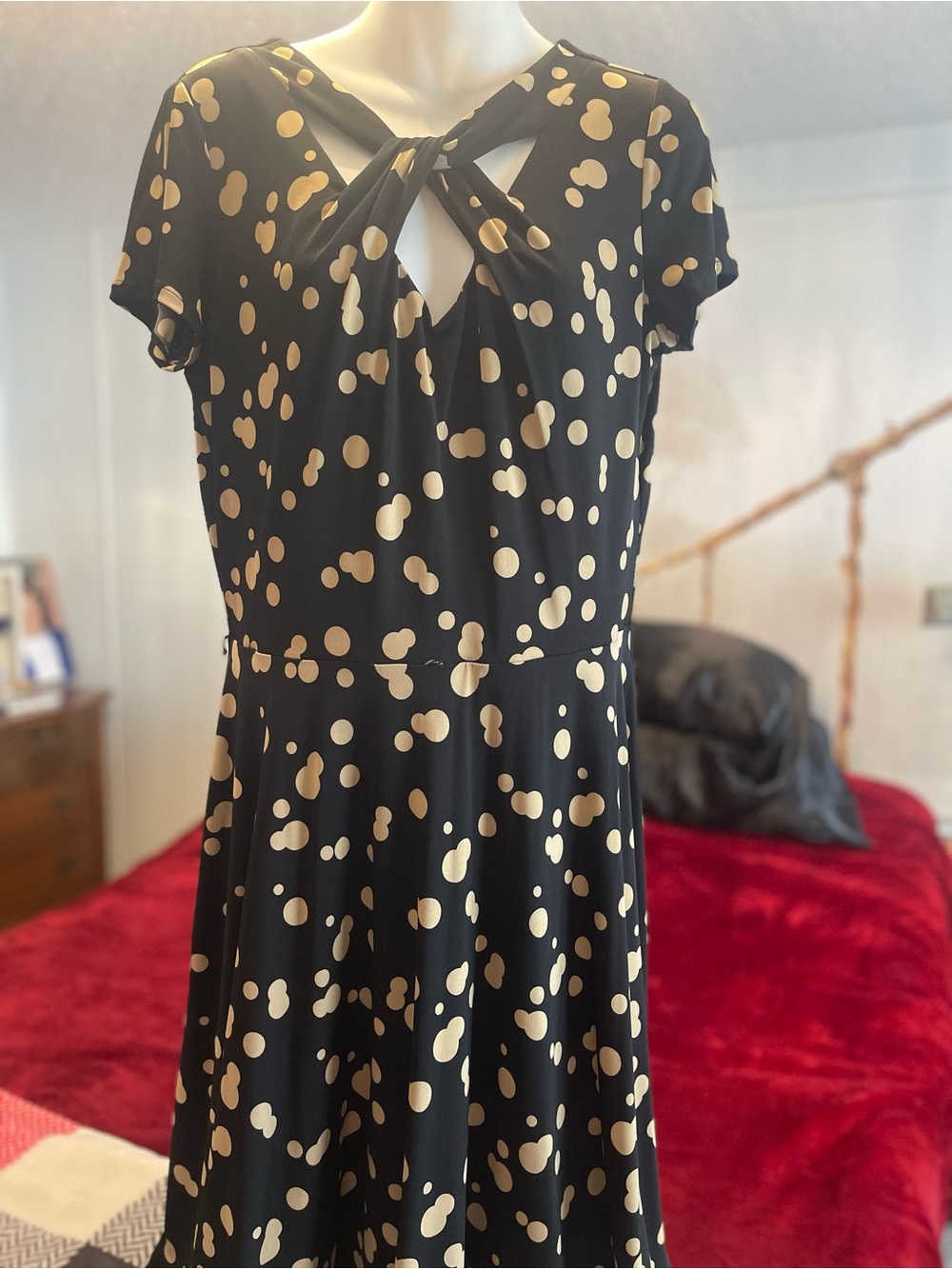 Black and Cream Polka Dot Tie-Neck Midi Dress